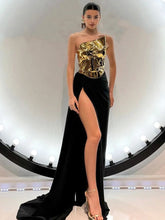 Gold Halter Top Slit Suit Party Dress